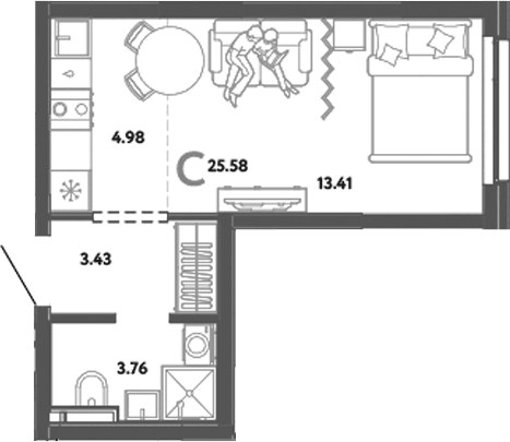Планировка Студия, 25,58 м² в ЖК Уральский сад